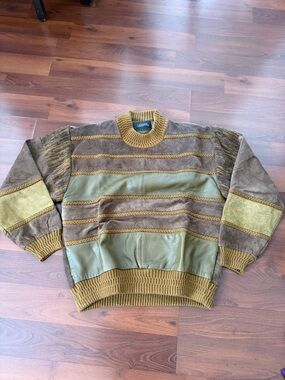Vintage Saxony Olive & Mustard Crewneck Mixed-Media Men's Sweater w Leather